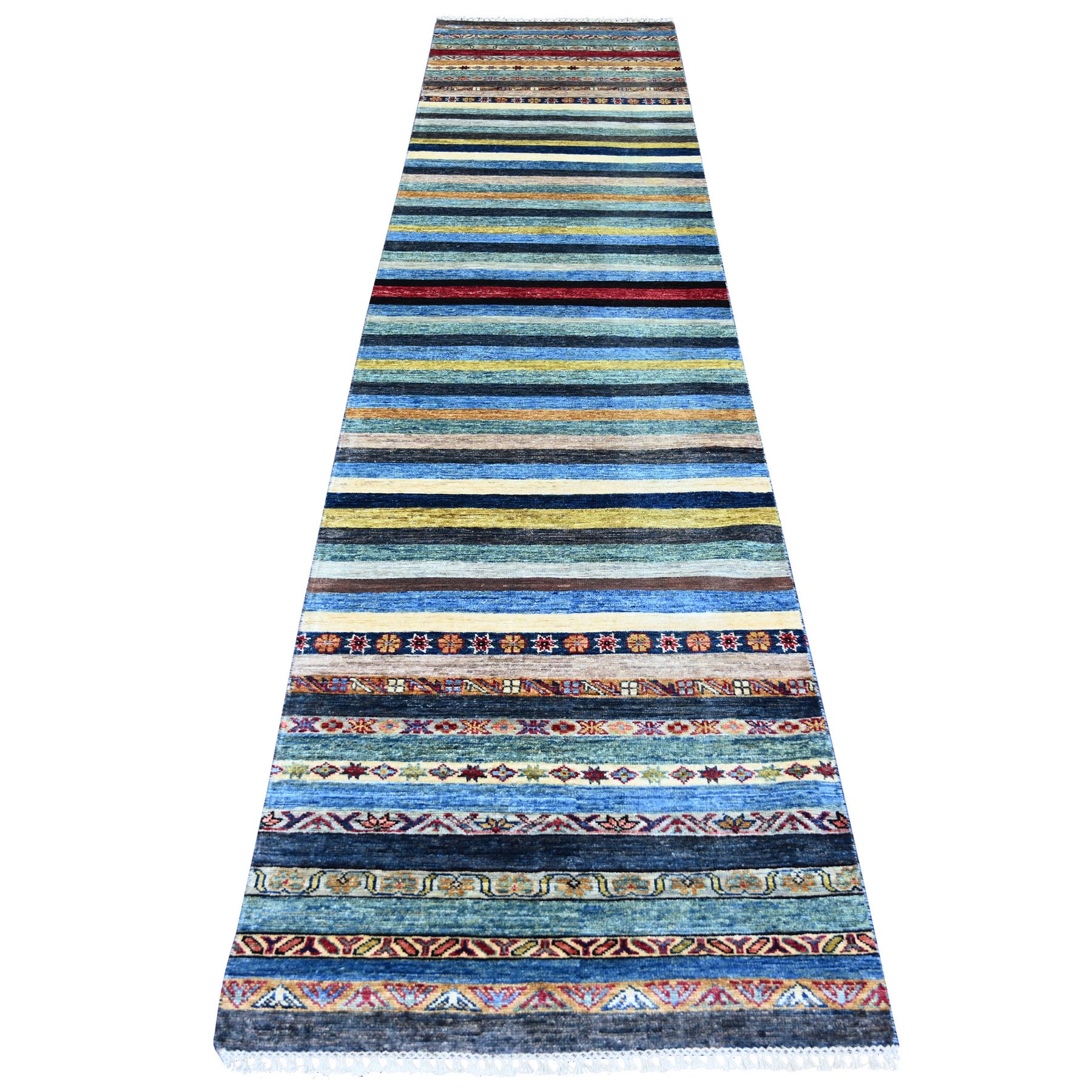 Cerulean Blue, Afghan Super Kazak with Khorjin Design, Hand Knotted, Pure Wool, Vegetable Dyes, Runner, Oriental Rug